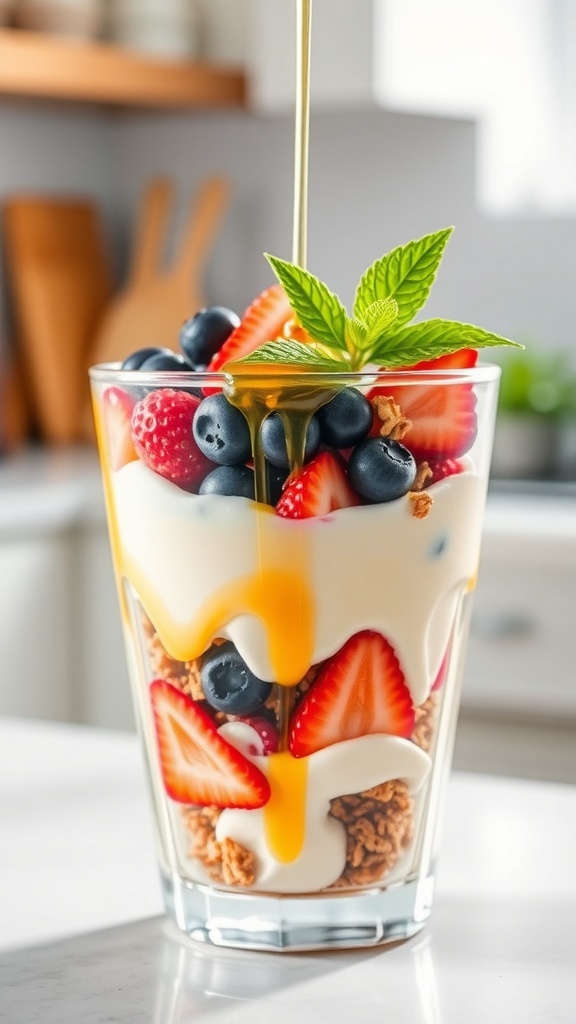 A colorful yogurt parfait with layers of yogurt, fruits, and granola in a clear glass, garnished with mint.